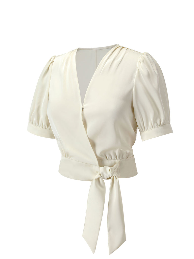 Beige 1950s Satin Puff Sleeve V-Neck Blouse