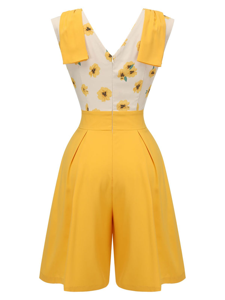 Yellow 1940s V-Neck Sunflower Patchwork Jumpsuit