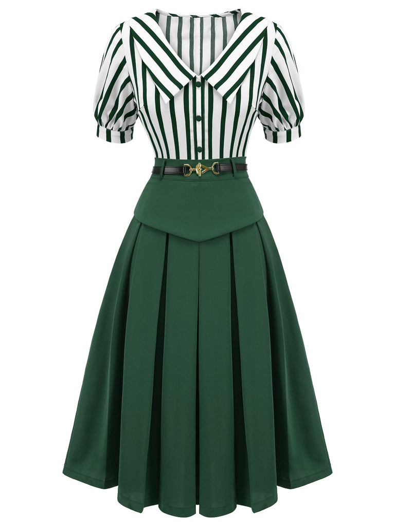 2PCS Green 1950s Striped Blouse & Pleated Skirt