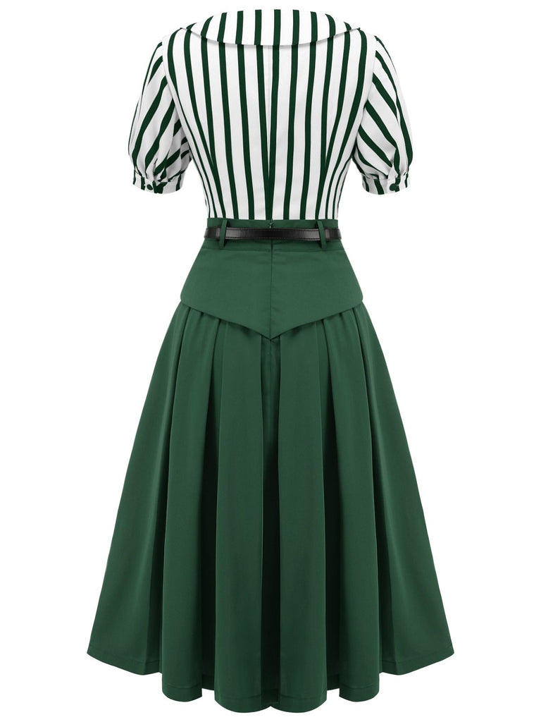 2PCS Green 1950s Striped Blouse & Pleated Skirt