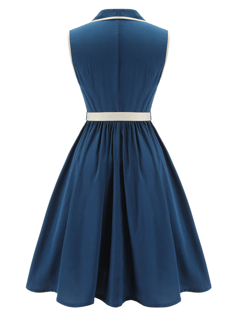 1960s Navy Blue Sleeveless Lapel Dress