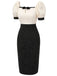 Black & Beige 1960s Puff Sleeve Pencil Dress