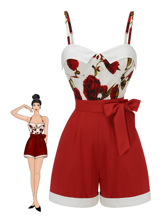 Red 1950s Floral Strap Patchwork Romper