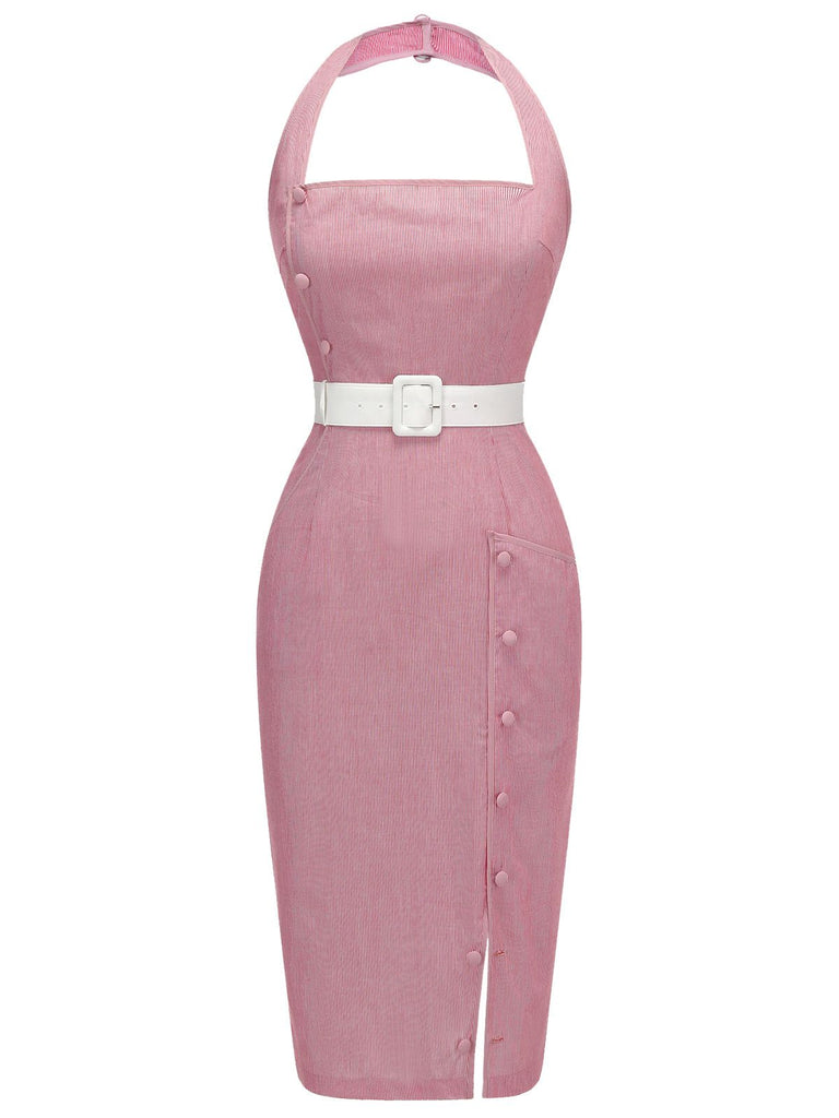 [Pre-Sale] Pink 1960s Halter Stripes Belted Bodycon Dress