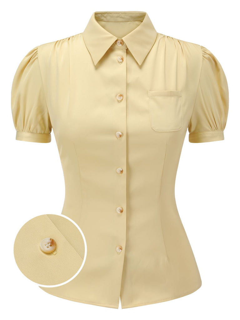 Yellow 1940s Lapel Puff Sleeve Solid Blouse