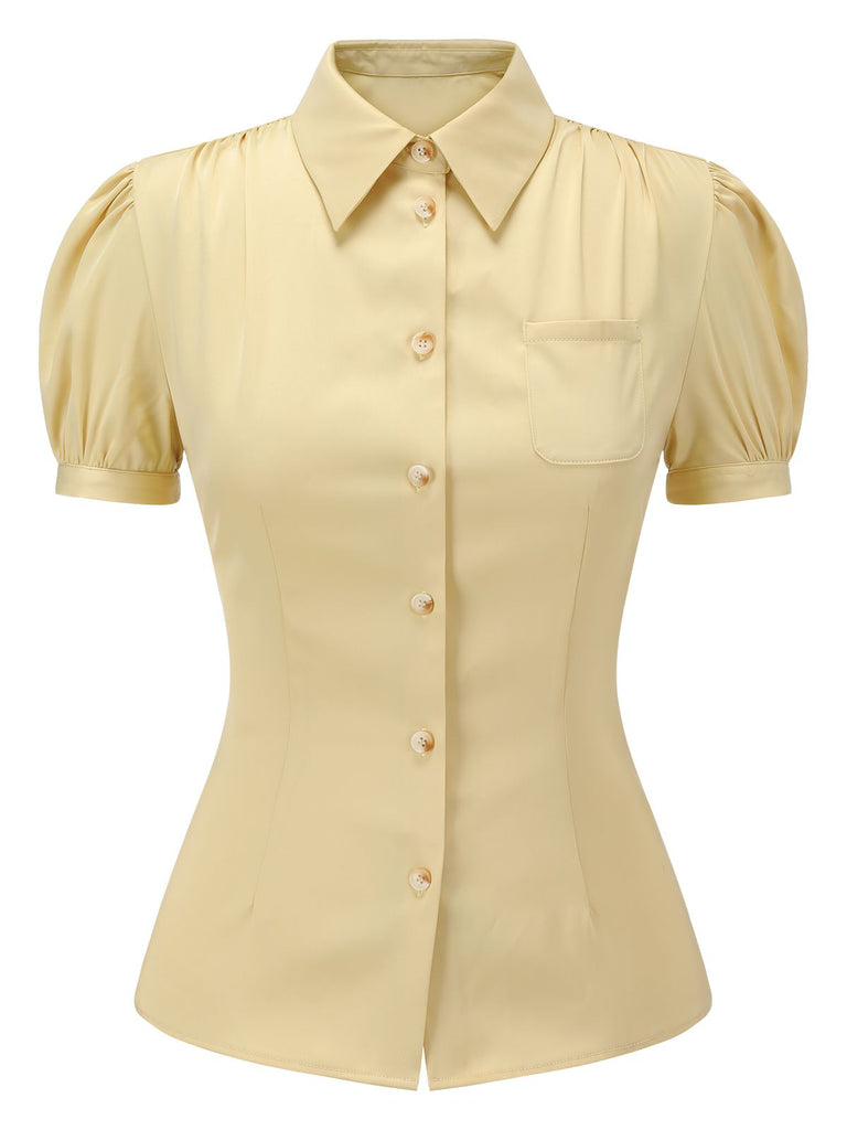 Yellow 1940s Lapel Puff Sleeve Solid Blouse