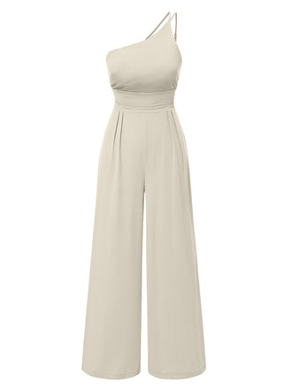 1940s Solid One-Shoulder Suspender Loose Wide-Leg Jumpsuit