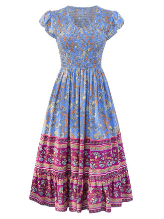 1970s Floral Printed Flounce Sleeves Bohemian Dress
