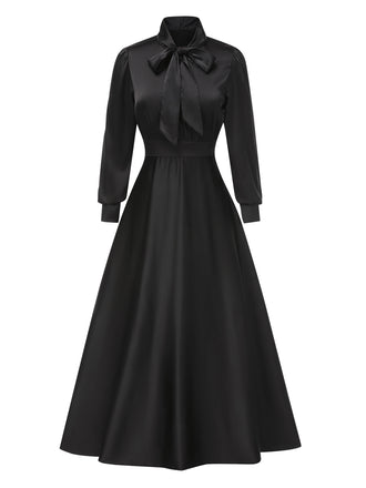 Black 1950s Solid Tie-Neck Bishop Sleeves Satin Dress