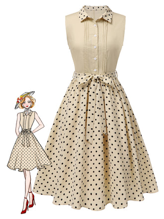 Beige 1940s Cotton Polka Dot Lapel Dress