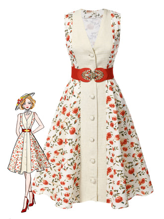 Beige & Red 1950s Painting Roses Belted Dress