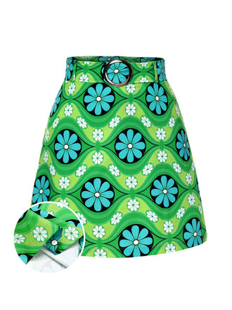 Green 1960s Vintage Floral Belted Mini Skirt