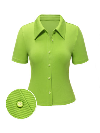 Green 1960s Lapel Knitted Solid Blouse