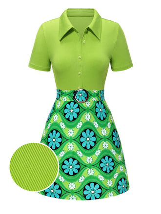 2PCS Green 1960s Lapel Knitted Blouse & Floral Skirt