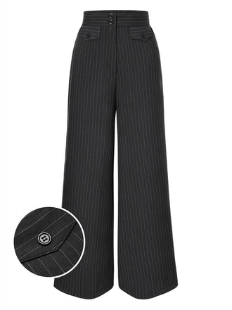 Dark Gray 1940s Pinstripes Wide-Leg Pants