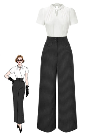 2PCS 1930s White Satin Blouse & Gray Pinstripes Pants