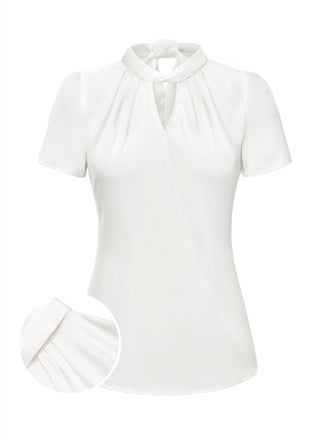 White 1930s Solid Keyhole-Neck Satin Blouse