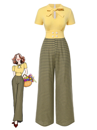 Yellow 1930s Plaid Keyhole Tie Neck Jumpsuit