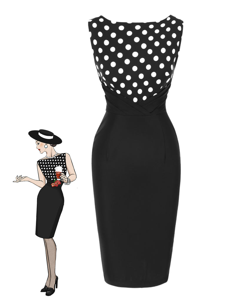 [Pre-Sale] Black 1960s Polka Dots Patchwork Pencil Dress