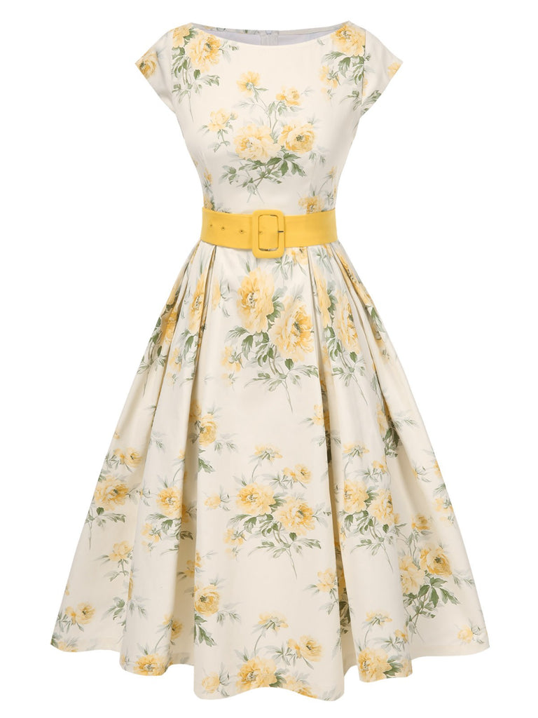 Yellow 1950s Boat Neck Antique Floral Dress