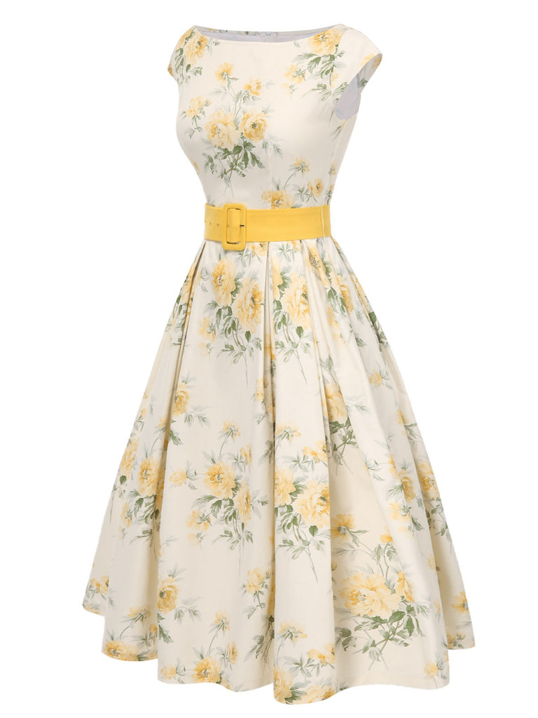Yellow 1950s Boat Neck Antique Floral Dress