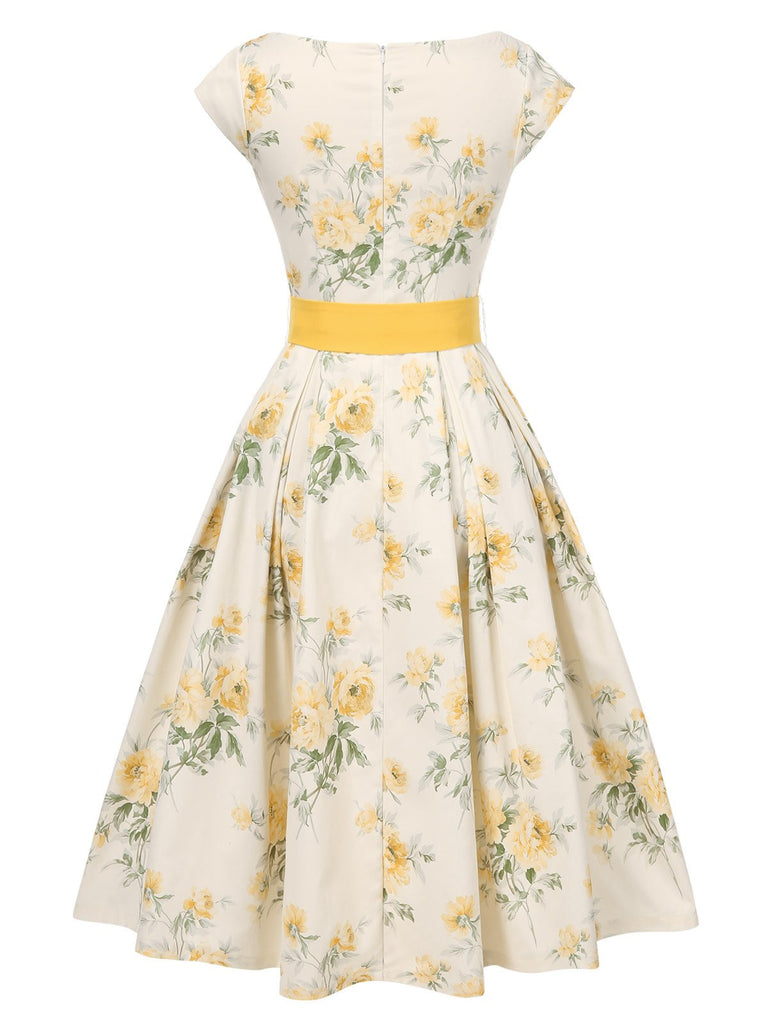 Yellow 1950s Boat Neck Antique Floral Dress