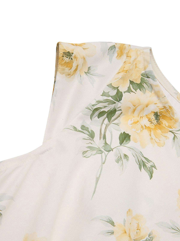 Yellow 1950s Boat Neck Antique Floral Dress