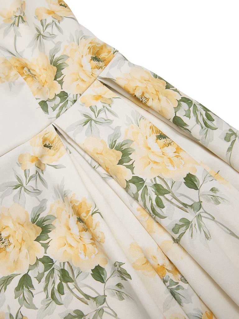 Yellow 1950s Boat Neck Antique Floral Dress