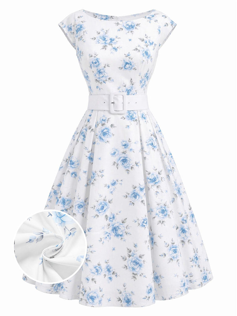 White 1950s Boat Neck Belted Floral Dress