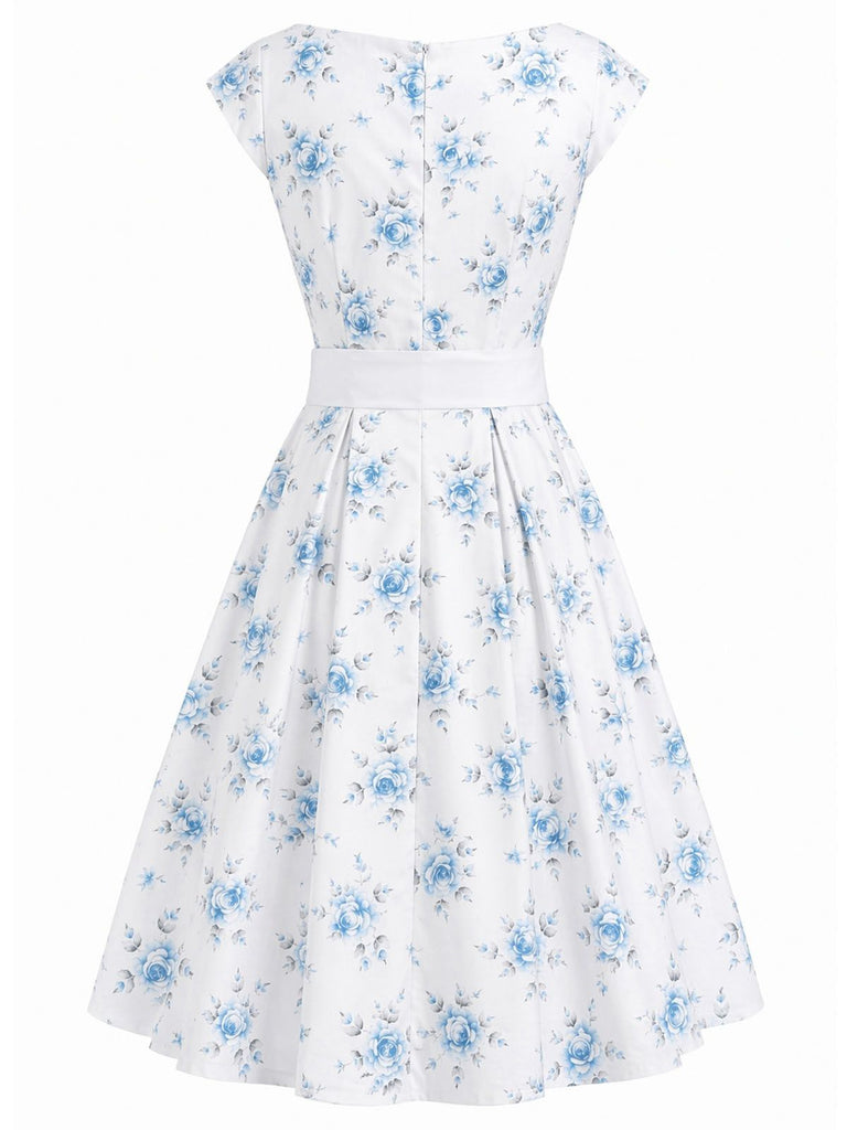 White 1950s Boat Neck Belted Floral Dress