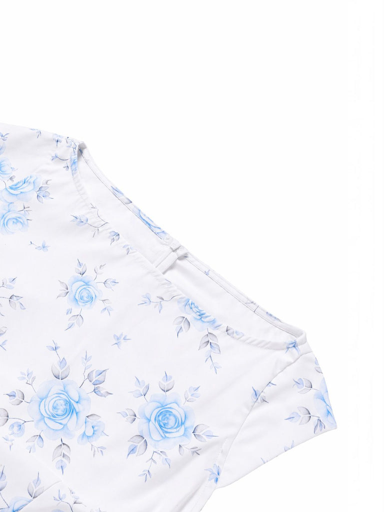 White 1950s Boat Neck Belted Floral Dress