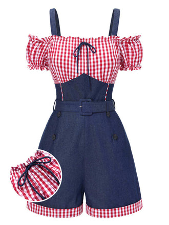 1950s Cold Shoulder Plaids Contrast Denim Romper
