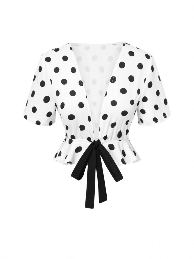 White 1950s Deep V-Neck Polka Dots Top