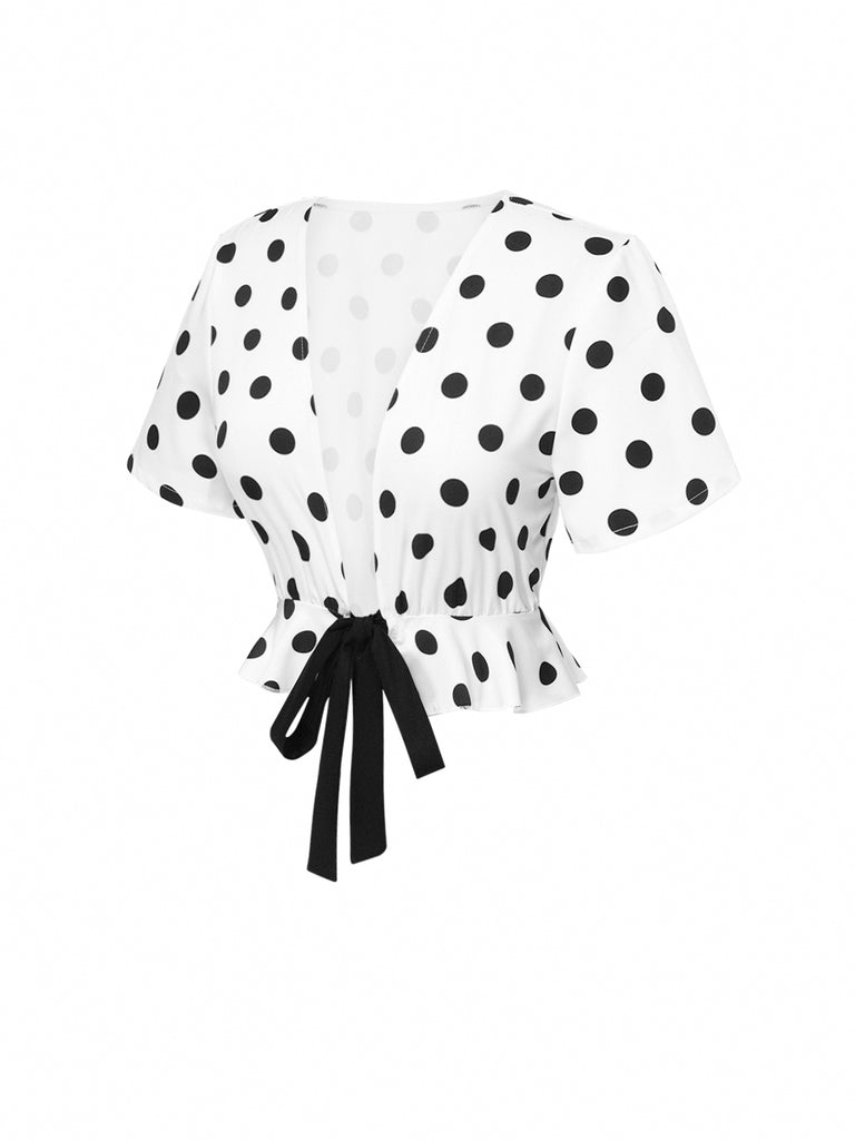 White 1950s Deep V-Neck Polka Dots Top