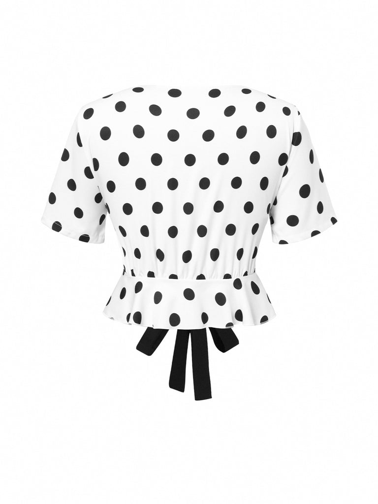 White 1950s Deep V-Neck Polka Dots Top