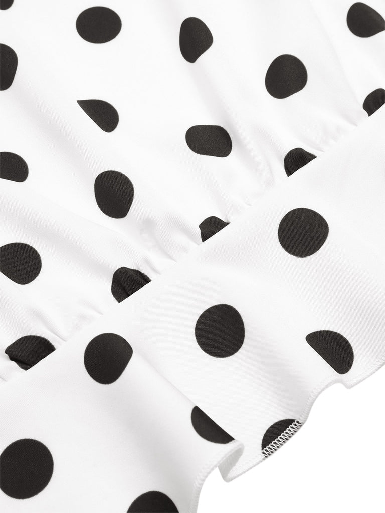 White 1950s Deep V-Neck Polka Dots Top