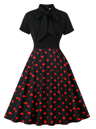 Black 1950s Tie-Neck Heart Dots Dress