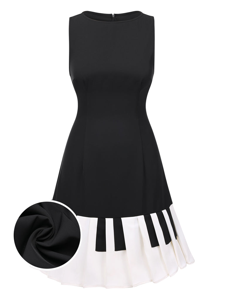 Black 1960s Boat Neck Piano Key Patchwork Dress
