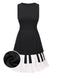 Black 1960s Boat Neck Piano Key Patchwork Dress