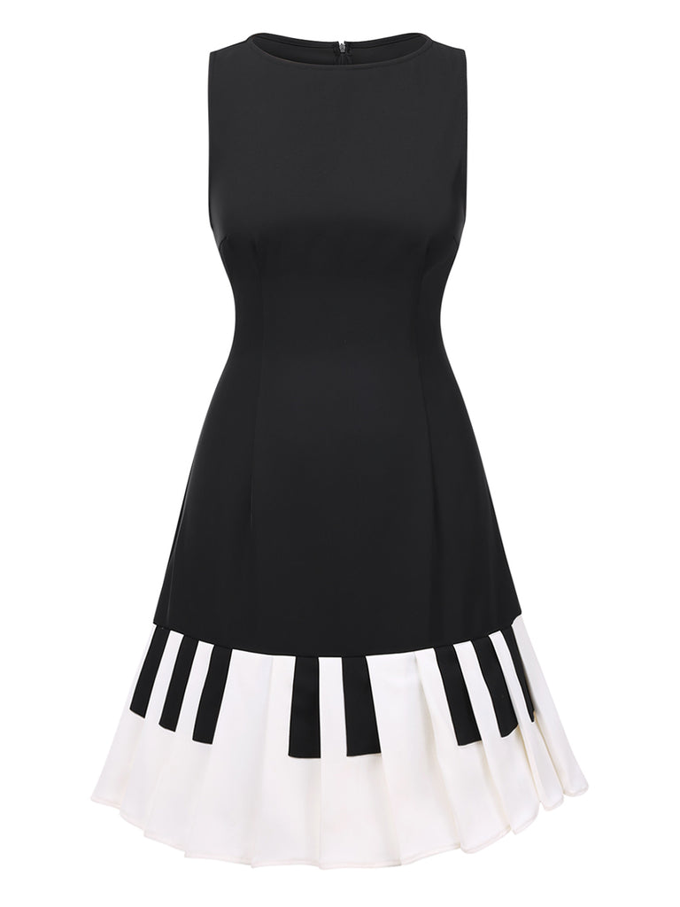 Black 1960s Boat Neck Piano Key Patchwork Dress