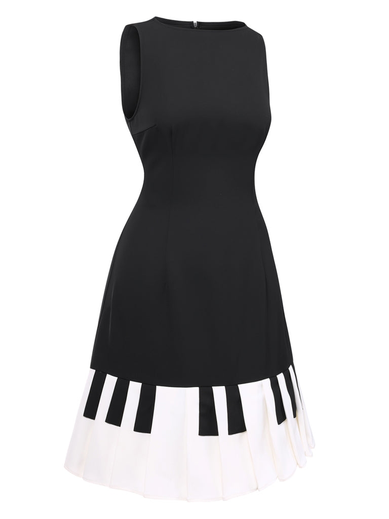 Black 1960s Boat Neck Piano Key Patchwork Dress