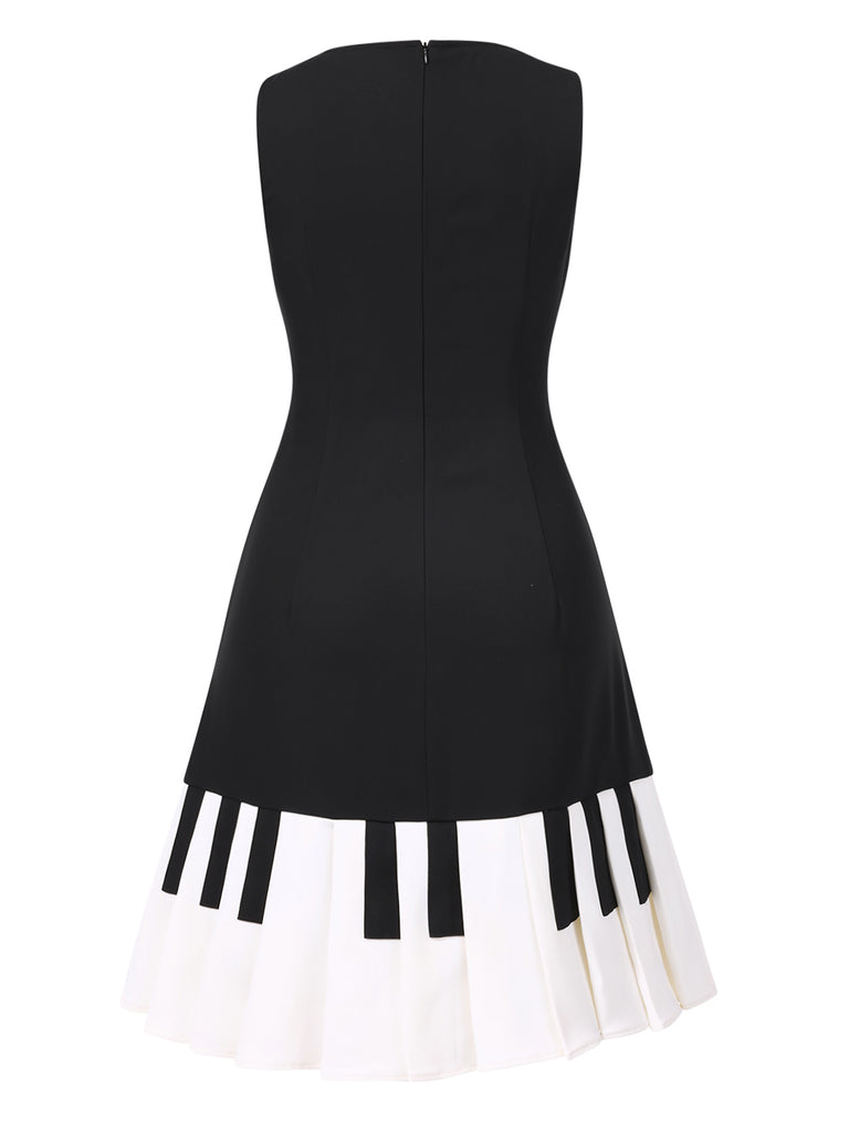 Black 1960s Boat Neck Piano Key Patchwork Dress