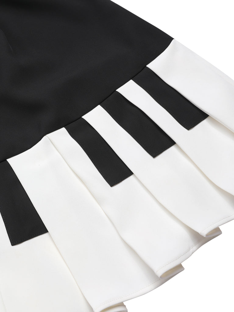 Black 1960s Boat Neck Piano Key Patchwork Dress