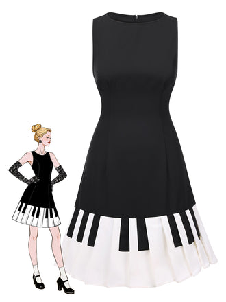 Black 1960s Boat Neck Piano Key Patchwork Dress