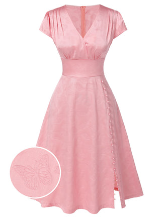 Pink 1940s Deep V-Neck Butterfly Satin Dress