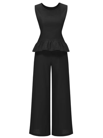 2PCS 1940s Solid Ruffle Tank Top & Straight Pants