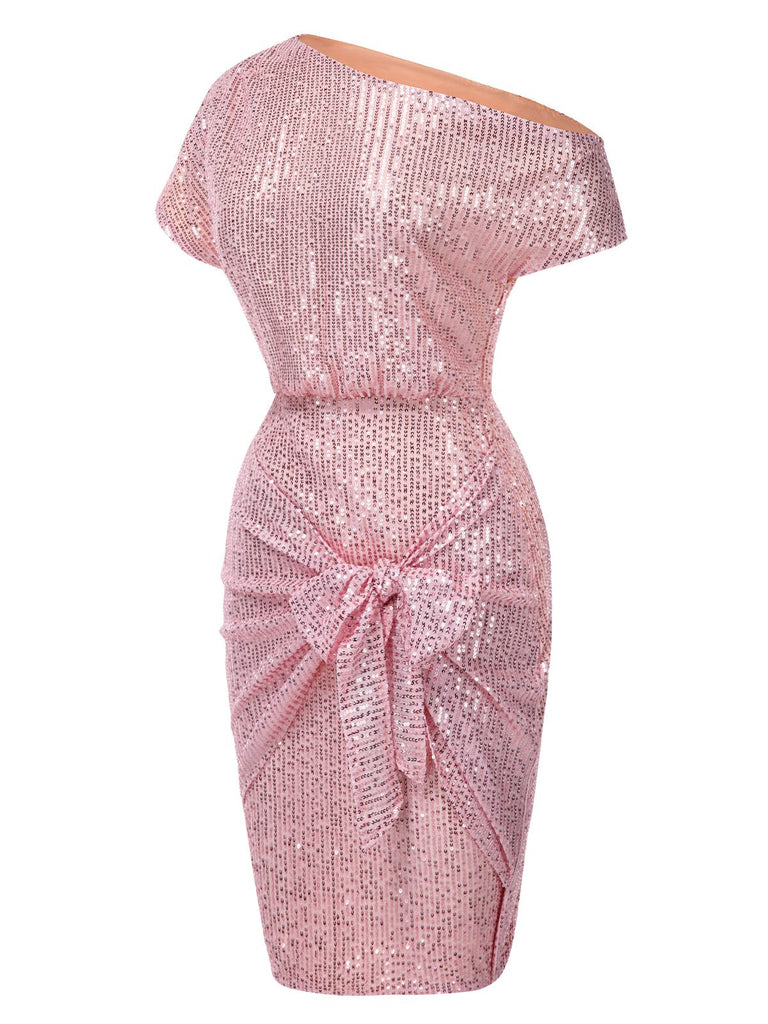 1960s Solid Sequined One-Shoulder Wrap Dress