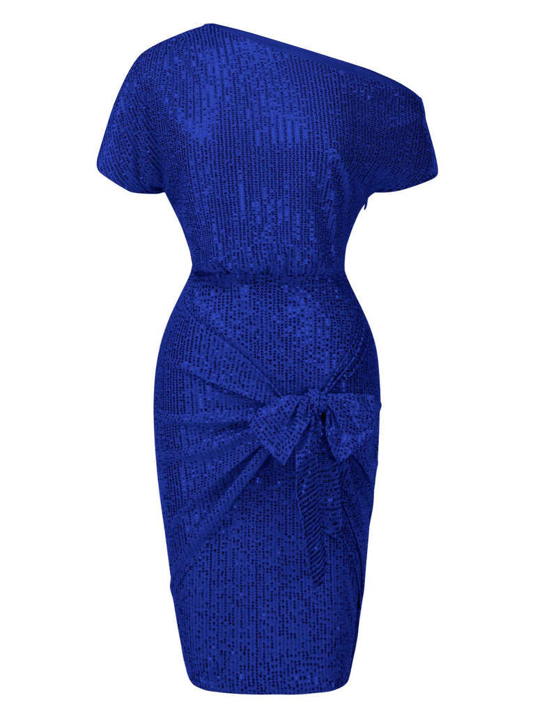 1960s Solid Sequined One-Shoulder Wrap Dress
