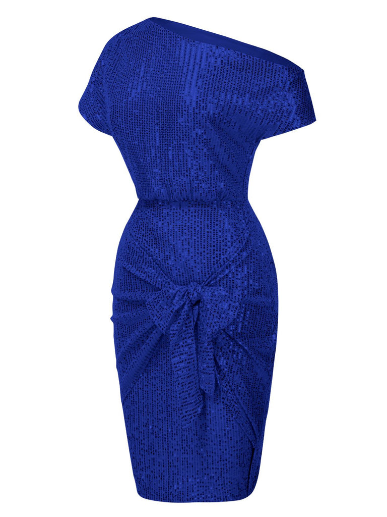 1960s Solid Sequined One-Shoulder Wrap Dress