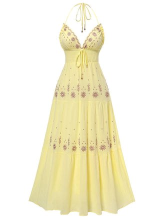 Yellow 1930s V-Neck Embroidered Floral Dress